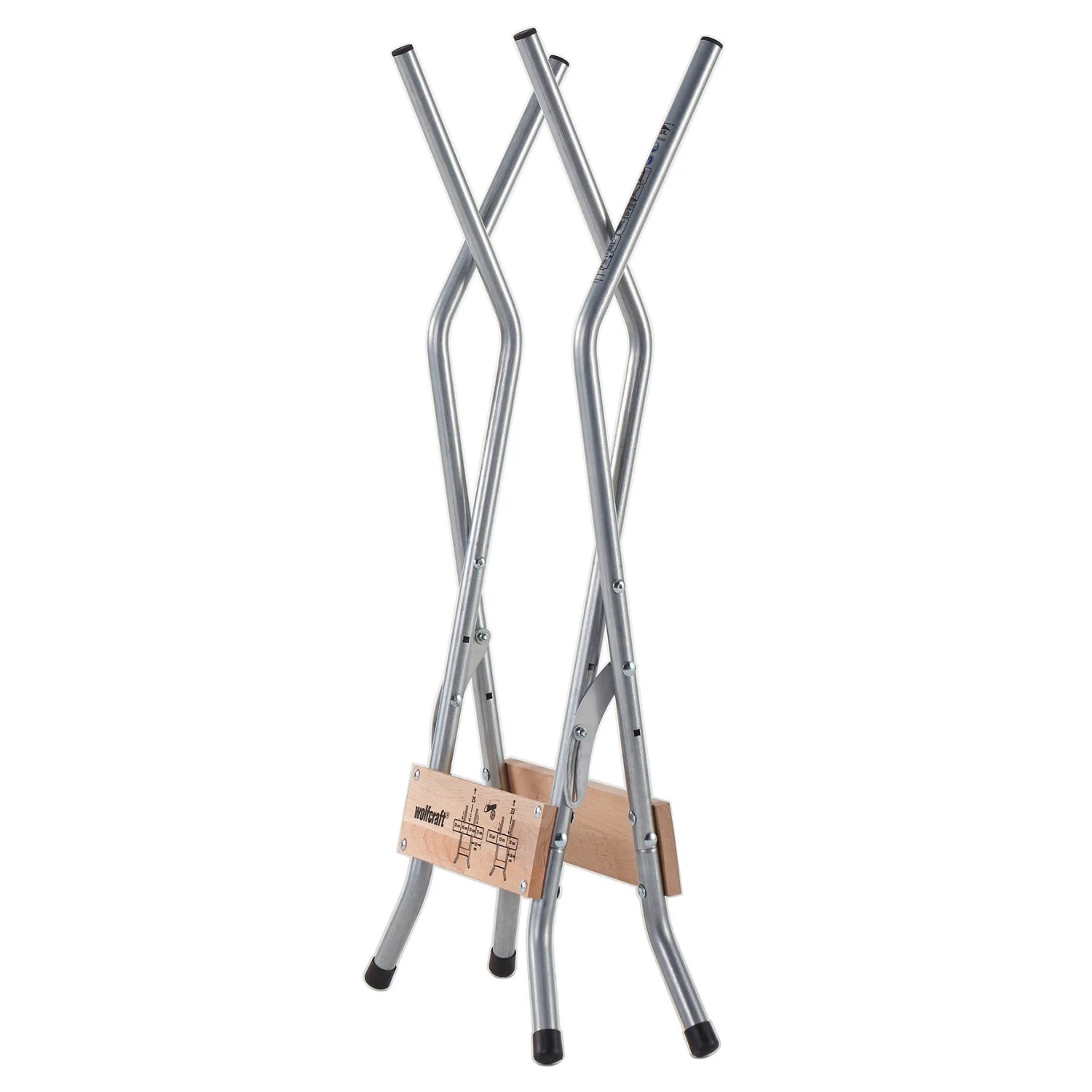 Zusammengeklappter wolfcraft Sägebock SB 60 aus Metall und Holz, klappbar.