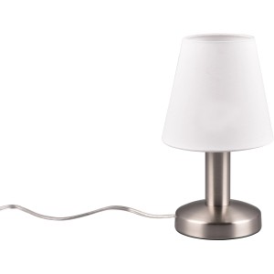 Nachttischlampe Mats II, Nickel matt mit weißem Stoffschirm, Ø 14 cm.