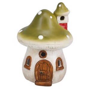 Grüner Deko-Pilz aus Terrakotta mit weißen Punkten, brauner Tür und Fenstern, integrierter LED-Beleuchtung.