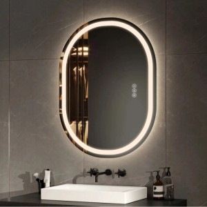 Ovaler Emke Badspiegel 80x60 cm mit umlaufender LED-Beleuchtung, Touch-Steuerung und Antibeschlag-Funktion.