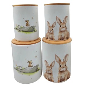 Boltze Vorratsdosen-Set Knuffi, 2 Dosen mit Hasenmotiven und Bambusdeckel.