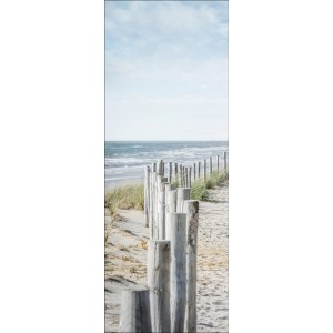 Glasbild Ocean View II, 80x30 cm: Küstenlandschaft mit Holzzaun und Meerblick.