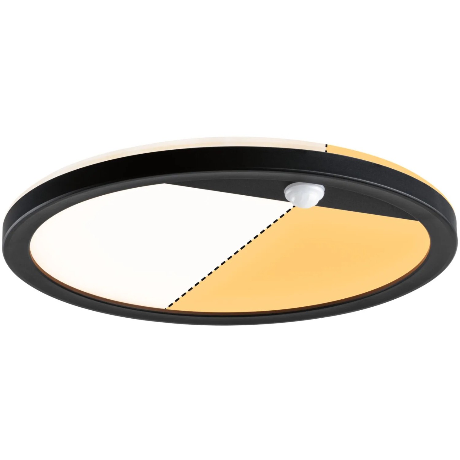 Runde, schwarze Paulmann LED-Außendeckenleuchte Lamina mit Bewegungssensor und warmweißem Licht.