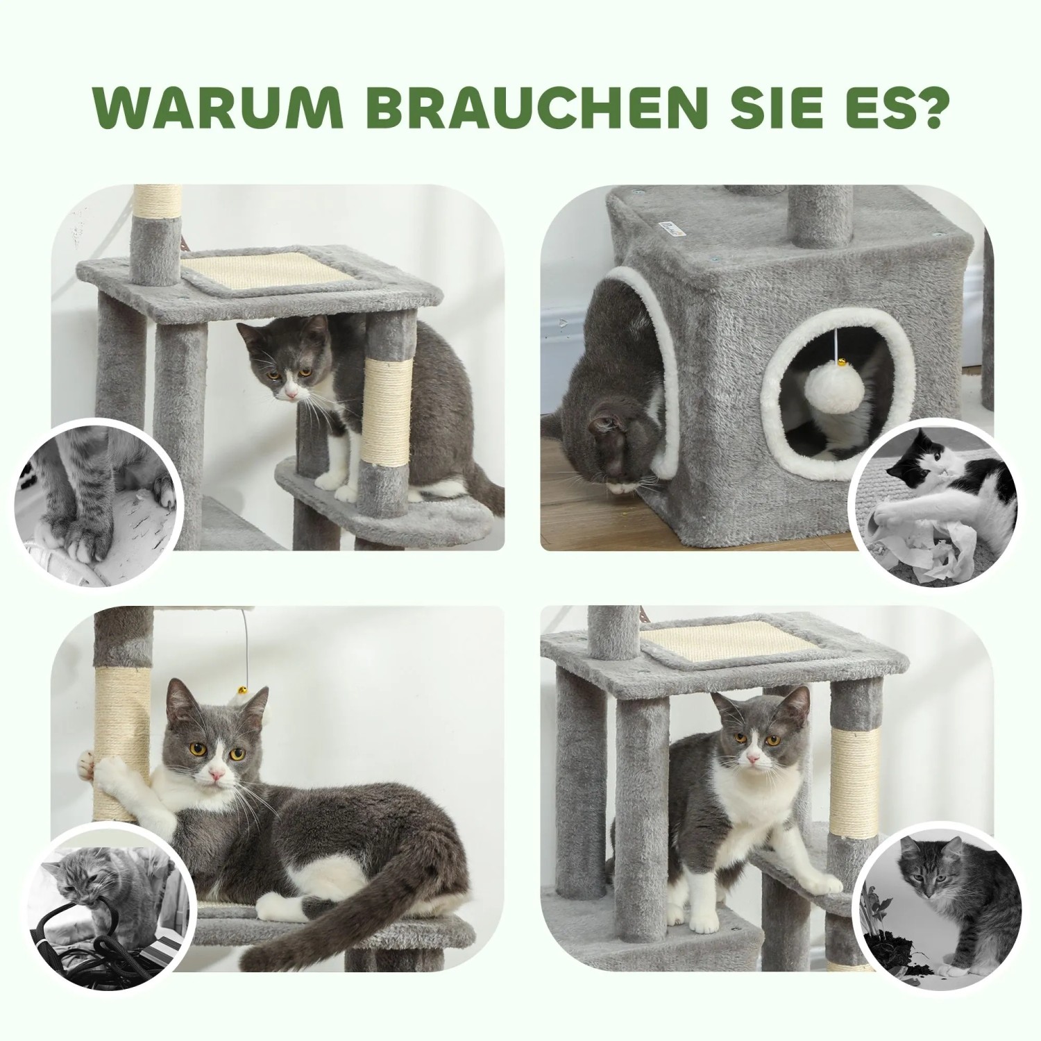 PawHut Kratzbaum in Grau-Weiß mit mehreren Ebenen, Sisalstämmen und Katzen beim Spielen und Ausruhen.