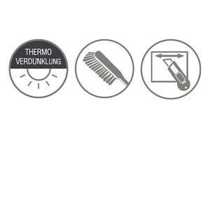 Symbole für Thermo, Verdunkelung, Bürste und Cutter zur Anpassung des Gardinia EasyFix Rollos.