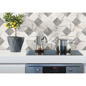 Bodenfliese Iberis Feinsteinzeug Mix Dekor, geometrisches Muster in Grau und Weiß.