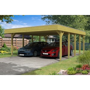 Skan Holz Doppelcarport Friesland mit zwei geparkten Autos unter dem Carport.