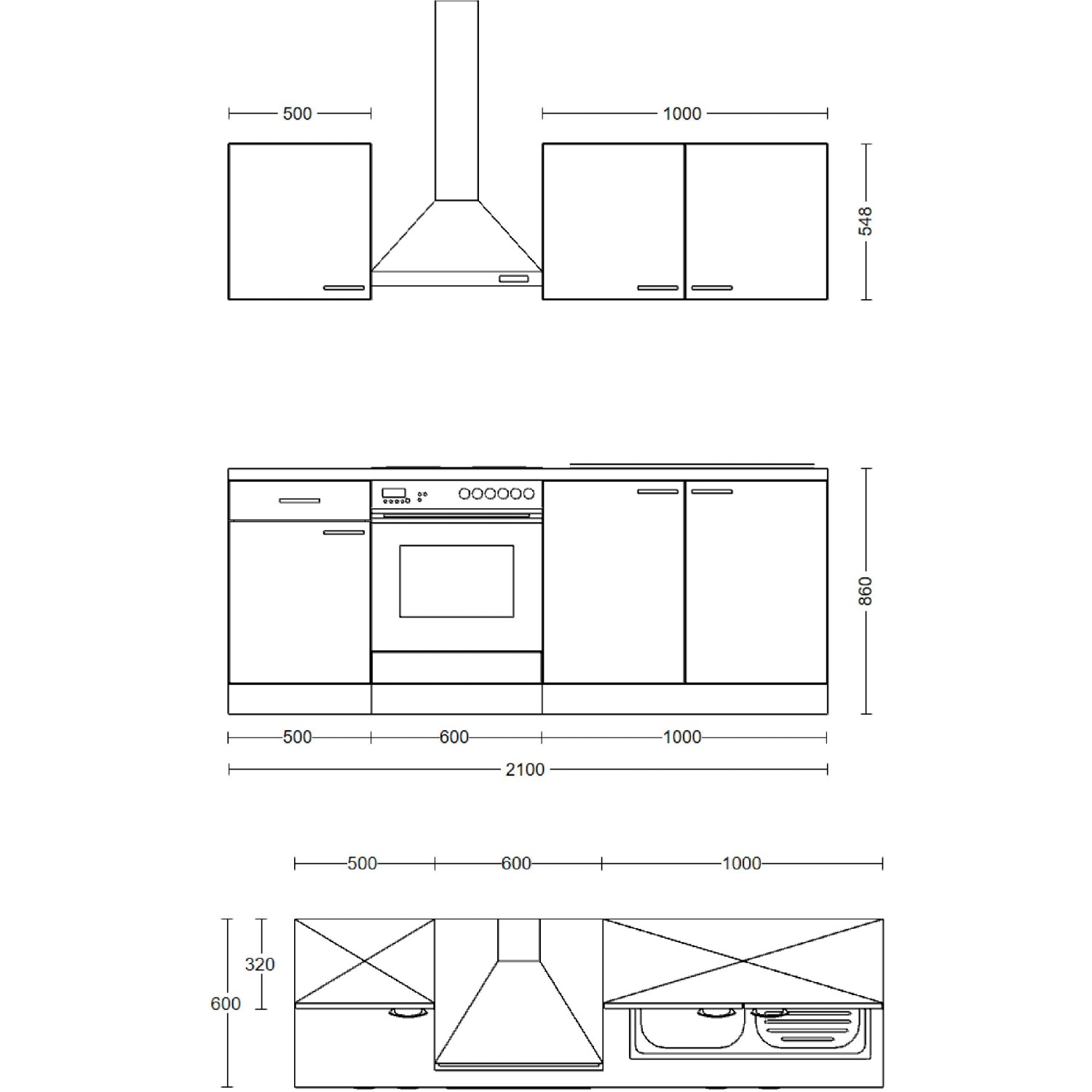 Skizze der Flex-Well Exclusiv Küchenzeile Abaco 210 cm in Perlmutt/Akazie mit Maßen.
