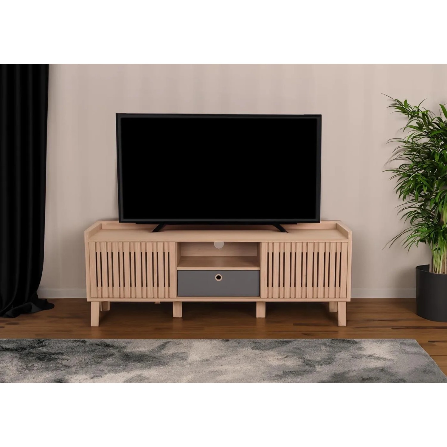 MCW TV-Rack M48 beige mit Schiebetüren, grauer Schublade und Ablagefächern. Modernes Holz-TV-Möbel für Wohnzimmer.