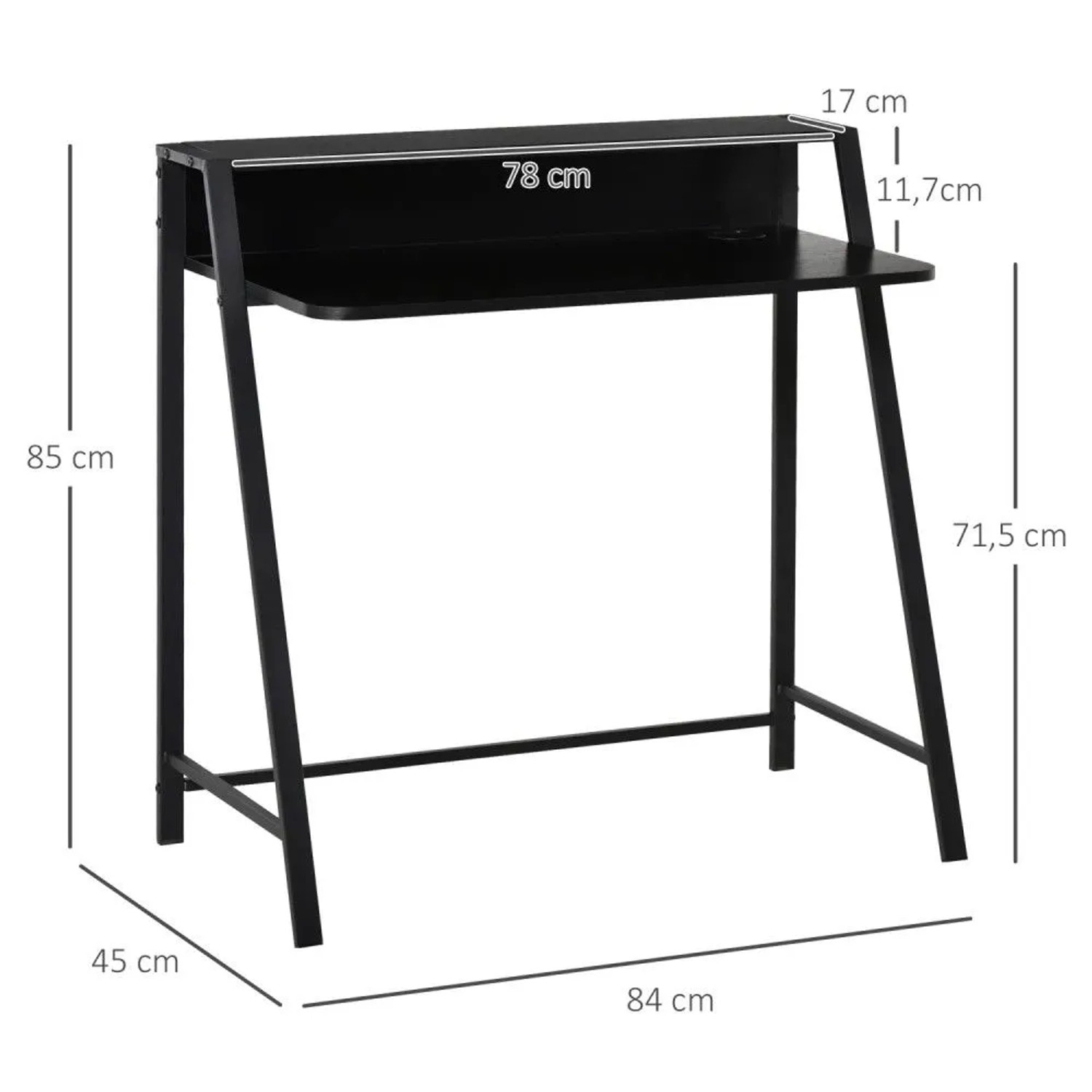 Schwarzer HOMCOM Schreibtisch aus Metall mit Ablagefach und minimalistischem Design, 84x45x85 cm.