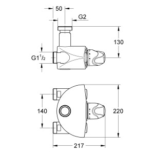 Technische Zeichnung: Grohe Grohtherm XL Thermostat-Brausebatterie DN 32, Maße und Anschlüsse.