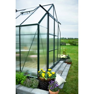 Halls Gewächshaus Magnum 148, grünes Gartenhaus mit Doppelstegplatten und Aluminiumrahmen.