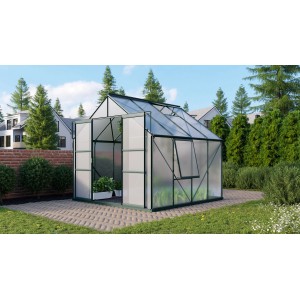 Vitavia Gewächshaus Meridian 2 Smaragd mit geöffneter Doppeltür und Zubehör-Set im Garten.