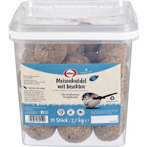 Eimer mit 30 Elles Meisenknödel mit Insekten, Wildvogelfutter ohne Netz.