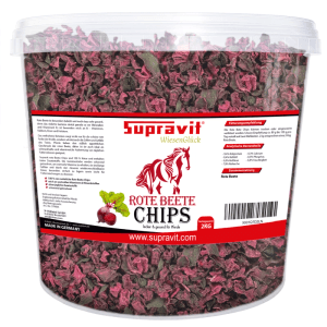 Supravit Rote Beete Chips Pferdeleckerli, 2 kg, in transparentem Eimer. Natürliches Pferdefutter aus getrockneten Rote Bete Stücken.
