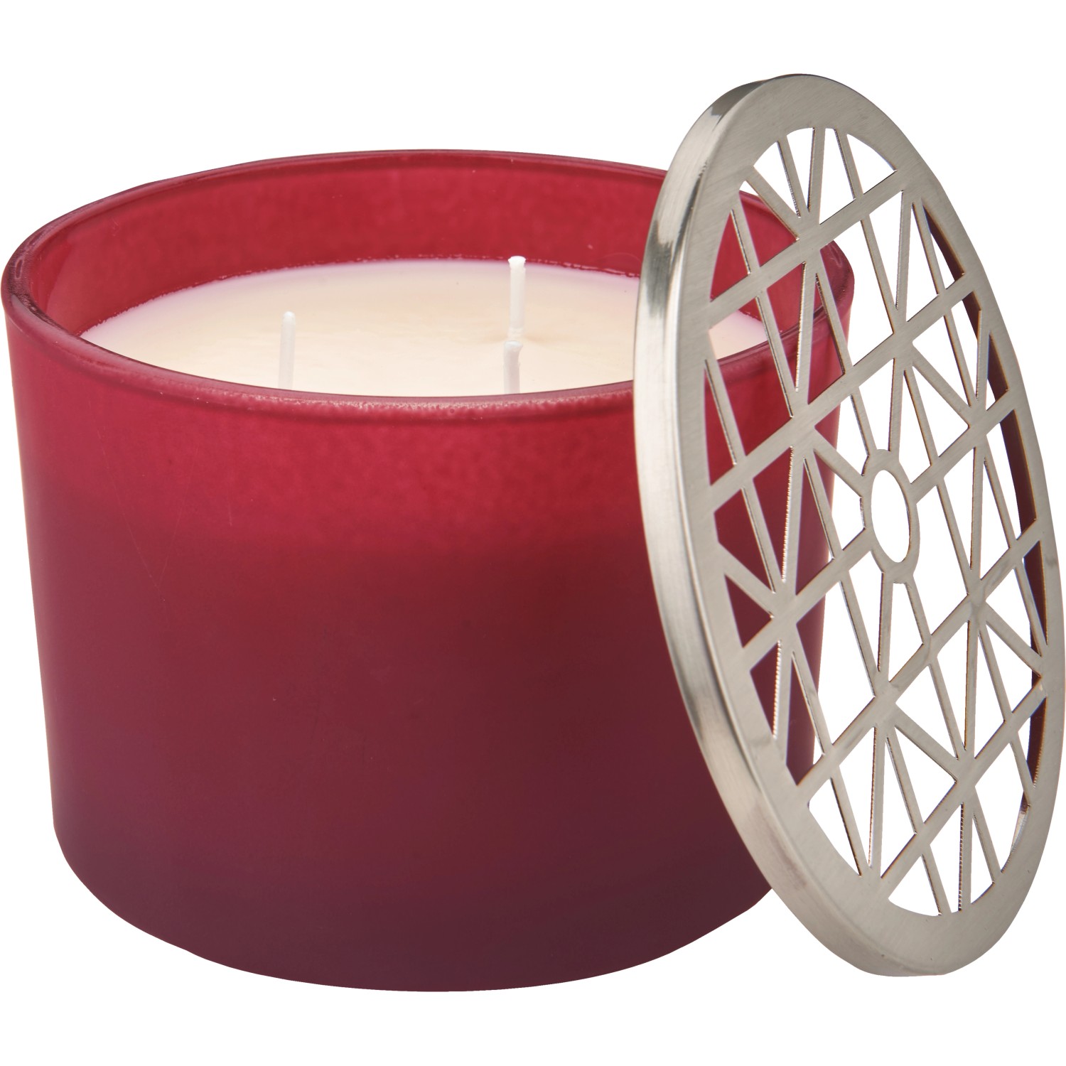 Duftkerze Midnight Mystery in Bordeaux-Silber mit Metalldeckel. Dekorative Kerze mit Mandelduft.