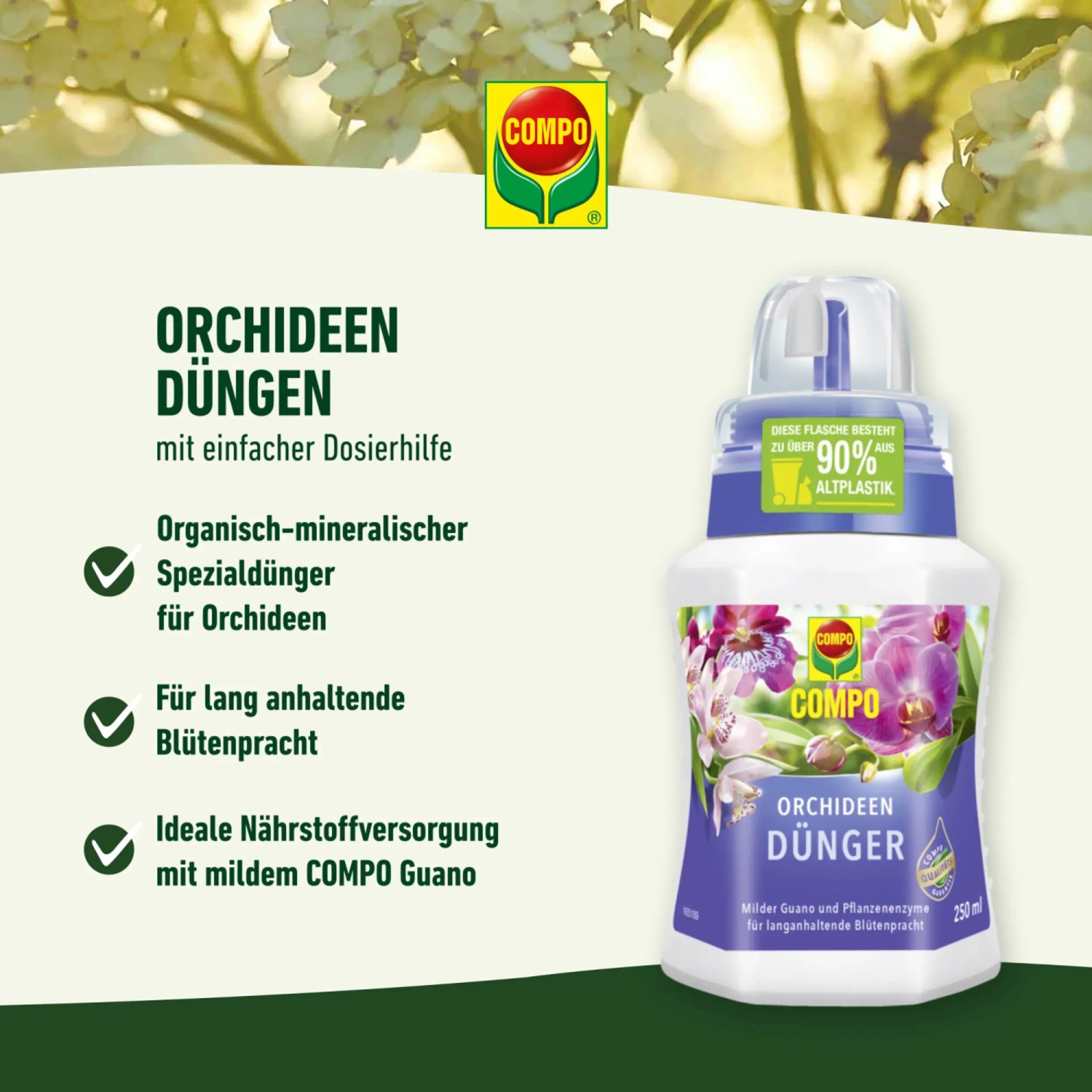 Compo Orchideendünger 250ml Flasche mit Dosierhilfe für üppige Blütenpracht.
