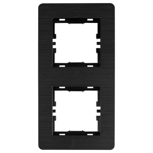 Schwarzer e2 elektro Abdeckrahmen VILIS 2-fach senkrecht aus Kunststoff mit gebürsteter Oberfläche.