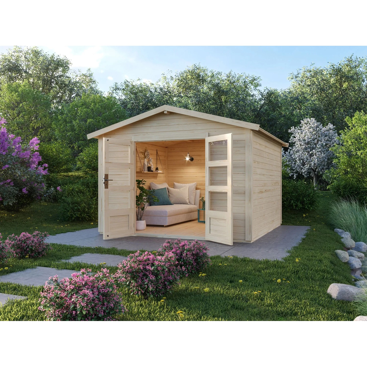 Karibu Holz-Gartenhaus Tyka, naturbelassen, mit geöffneten Doppeltüren im Garten.