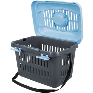 Trixie Transportbox Midi-Capri XS, dunkelgrau/hellblau, mit Tragegurt und geöffnetem Deckel.
