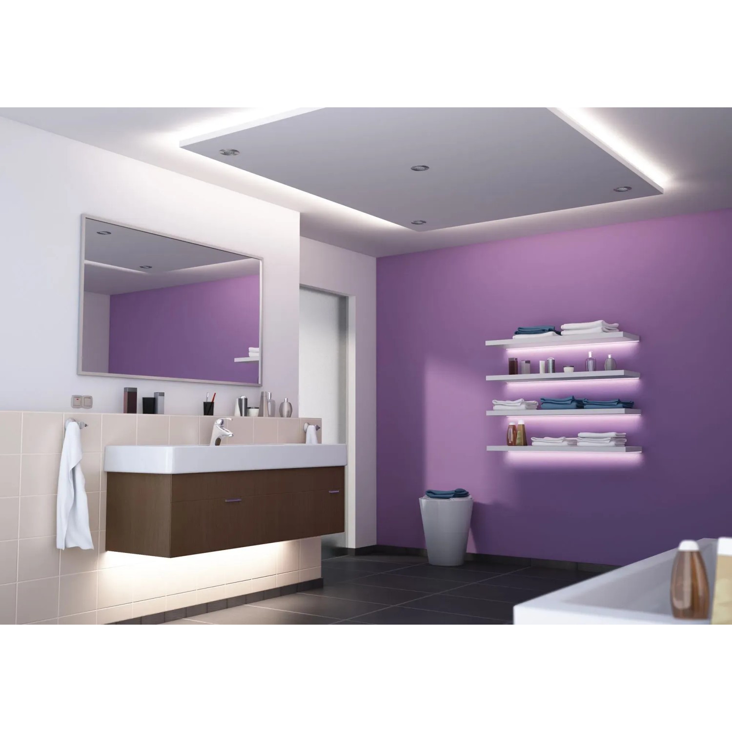 Badezimmer mit Paulmann YourLED Stripe 3 m Weiß LED-Streifen für indirekte Beleuchtung.