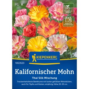 Kiepenkerl Kalifornischer Mohn Thai Silk Mischung mit bunten, halbgefüllten Blüten in verschiedenen Farben.