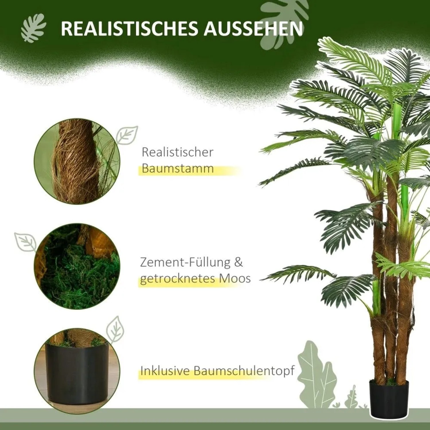 Realistische HOMCOM Kunstpalme 160cm mit grünen Blättern, braunen Stämmen und schwarzem Topf mit Zementfüllung.
