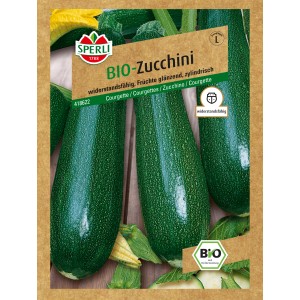Sperli Zucchini Grün Samenpackung: Dunkelgrüne, zylindrische Zucchini auf der Packung.