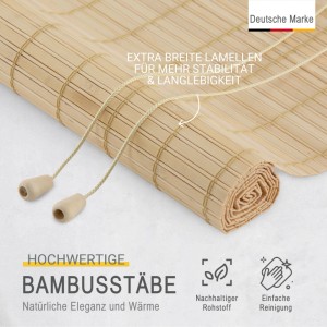 Naturfarbenes Sol Royal Bambusrollo mit Zugschnüren. Breite Lamellen für Stabilität, ideal als Fenster Sichtschutz.