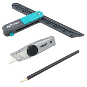 wolfcraft Verlege-Set für Vinylböden: Winkelschmiege, Cuttermesser, Bleistift zum Messen & Schneiden.