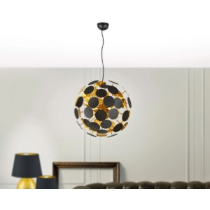 Moderne Trio Pendelleuchte Discalgo in Schwarz-Gold mit runden Kunststoffscheiben.
