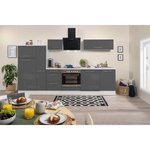 Respekta Premium Küchenzeile 310 cm in Grau Hochglanz/Weiß mit E-Geräten.