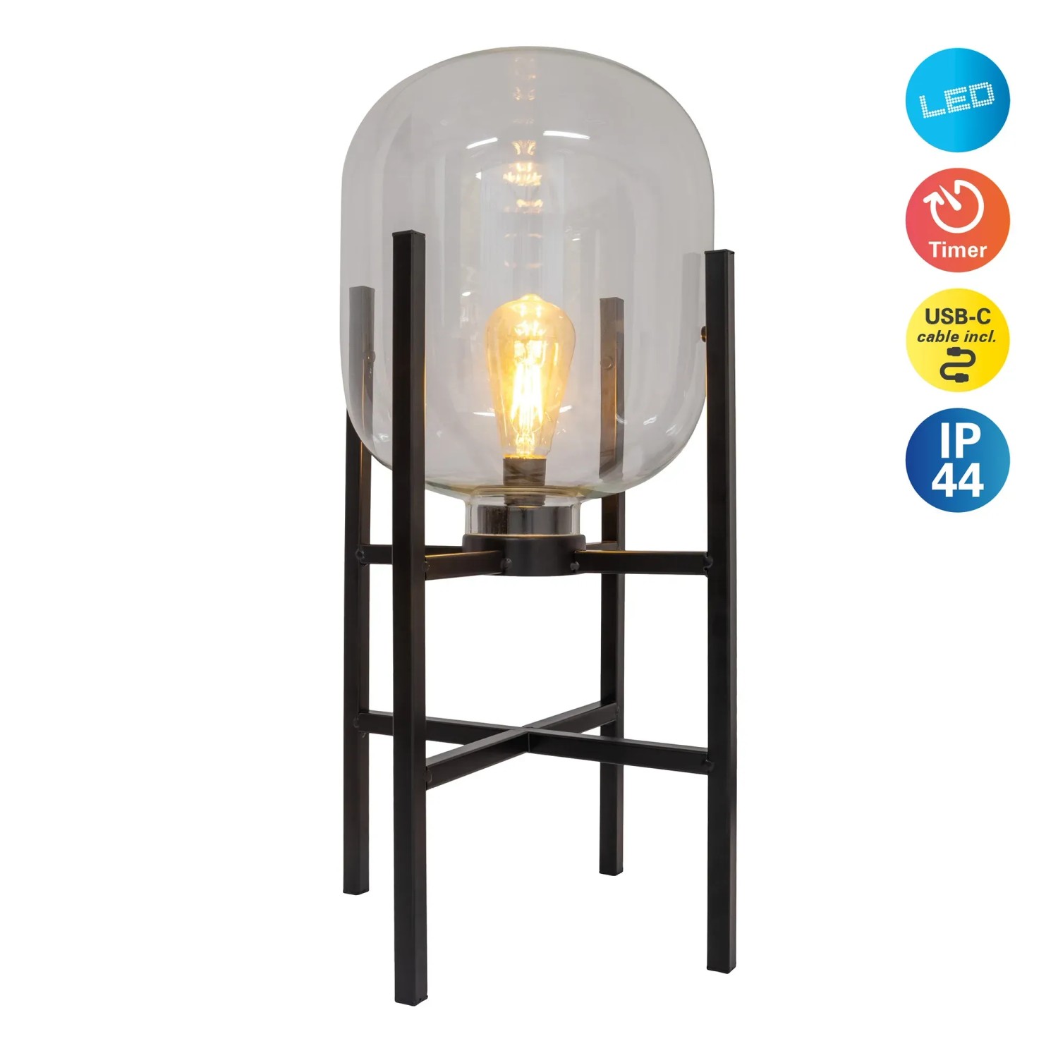 Näve LED-Akku-Sockelleuchte Lora, schwarz, mit Glas-Schirm und Metallgestell.