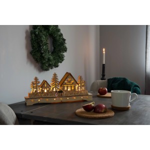 Konstsmide LED Holzsilhouette Dorf mit Schneemann und Rentier, warmweiße Weihnachtsdeko für Innen.