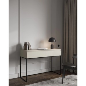 Moderner Selsey Bemmi Schminktisch in Greige mit zwei Schubladen und schwarzem Metallgestell im Schlafzimmer.