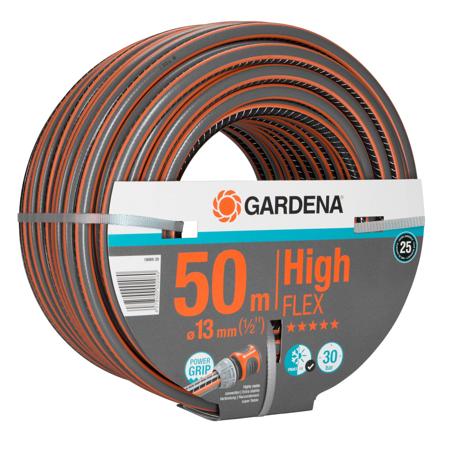 Gardena Comfort High Flex Gartenschlauch, Ø 13mm, 50m, grau-orange, aufgerollt.