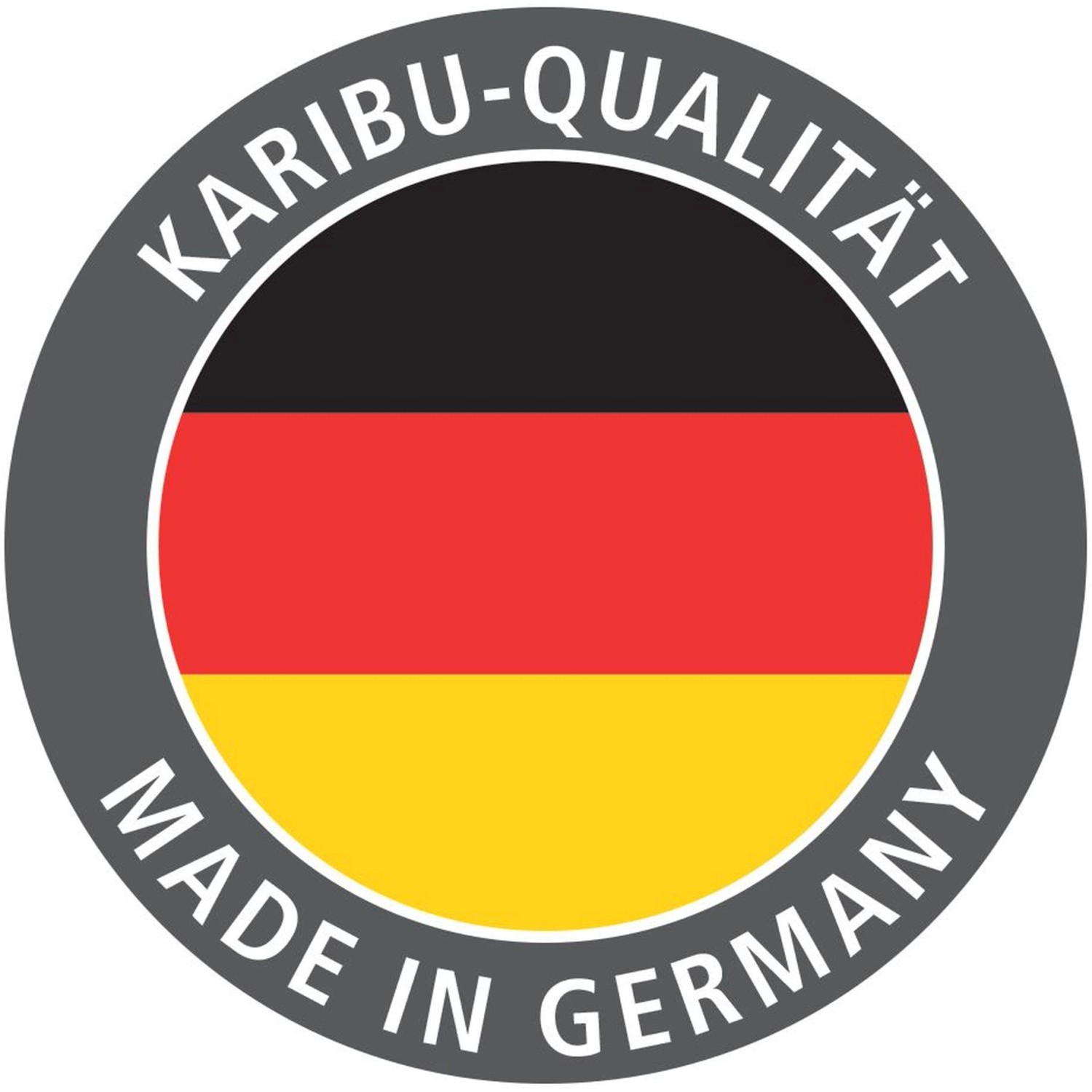 Karibu Qualitätssiegel: Made in Germany mit Deutschlandflagge für Gartenhäuser.