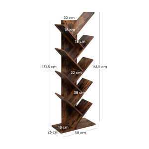 Braunes Vasagle Bücherregal in Baumform mit 8 offenen Regalen und Maßangaben.