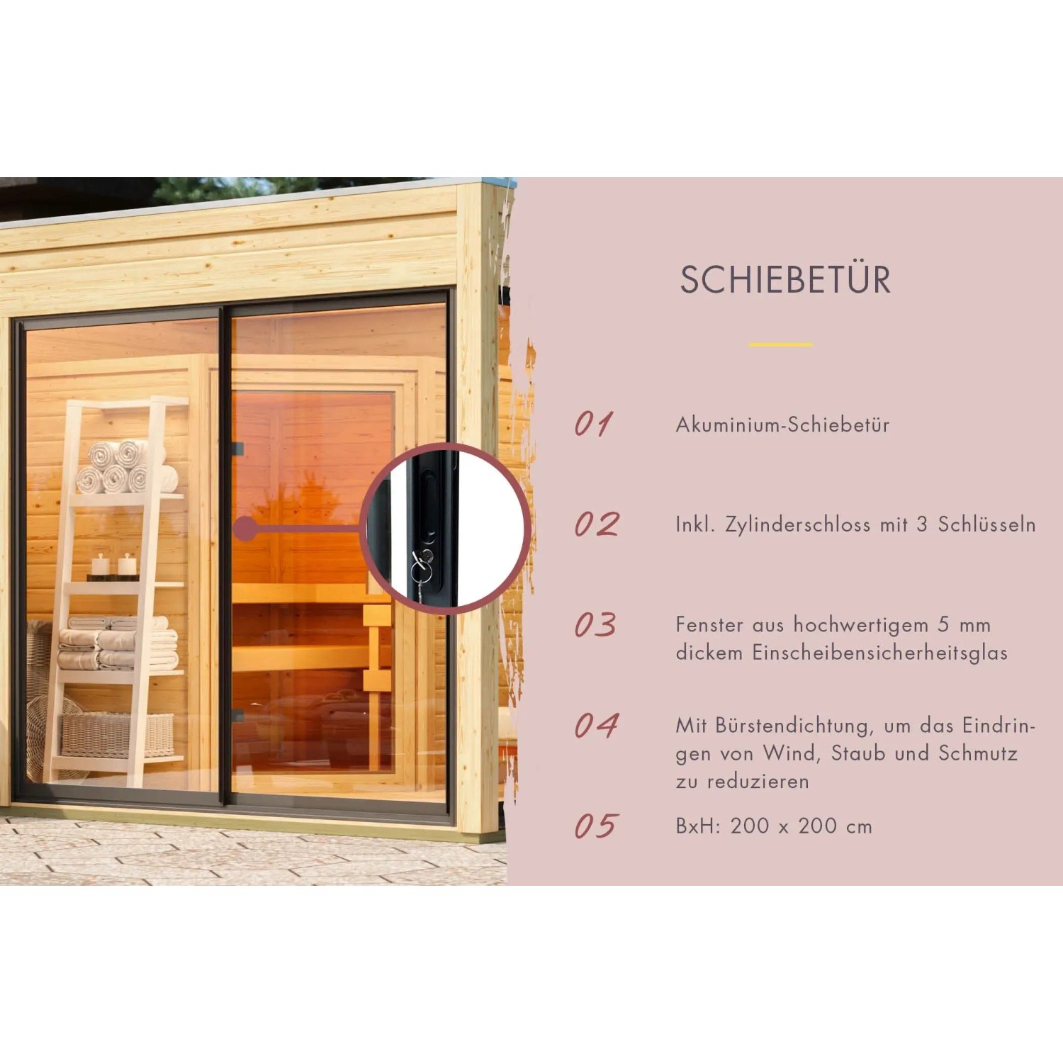 Detailansicht Karibu Saunahaus Cubulis 1: Schiebetür mit Schloss und Einblick in den Saunaraum.