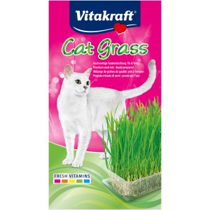 Vitakraft Katzengras 120g mit Katze. Frisches Gras für die Katze zur Unterstützung der Verdauung.