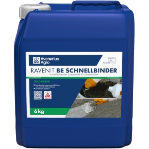 Ravenit BE Abbindebeschleuniger, 1 kg, flüssiges Zusatzmittel für Zementmörtel im blauen Kanister.