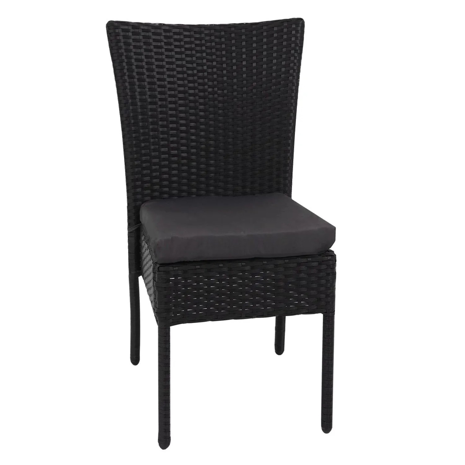 Schwarzer Poly-Rattan Gartenstuhl mit dunkelgrauem Kissen aus dem 2er-Set.