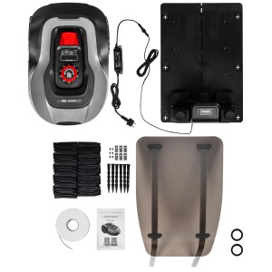Texas Mähroboter RMX1000 mit Zubehör: Ladestation, Begrenzungskabel, Heringe und Bedienungsanleitung.