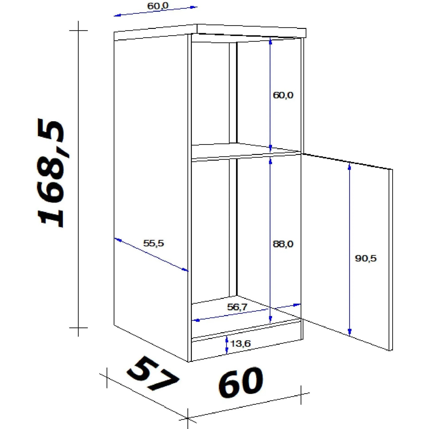 Skizze des Flex-Well Exclusiv Demi-Geräteumbauschranks Capri, 60 cm, mit Maßen.