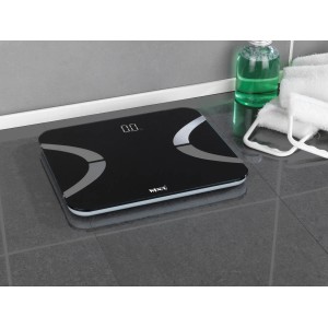 Schwarze Wenko Analysewaage mit LED-Display und Bluetooth Funktion.
