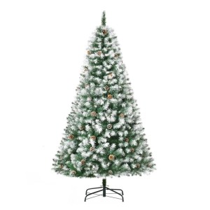 Grüner HOMCOM Weihnachtsbaum 180cm, mit Kunstschnee bedeckt, Zapfen & 800 Astspitzen, auf schwarzem Ständer.