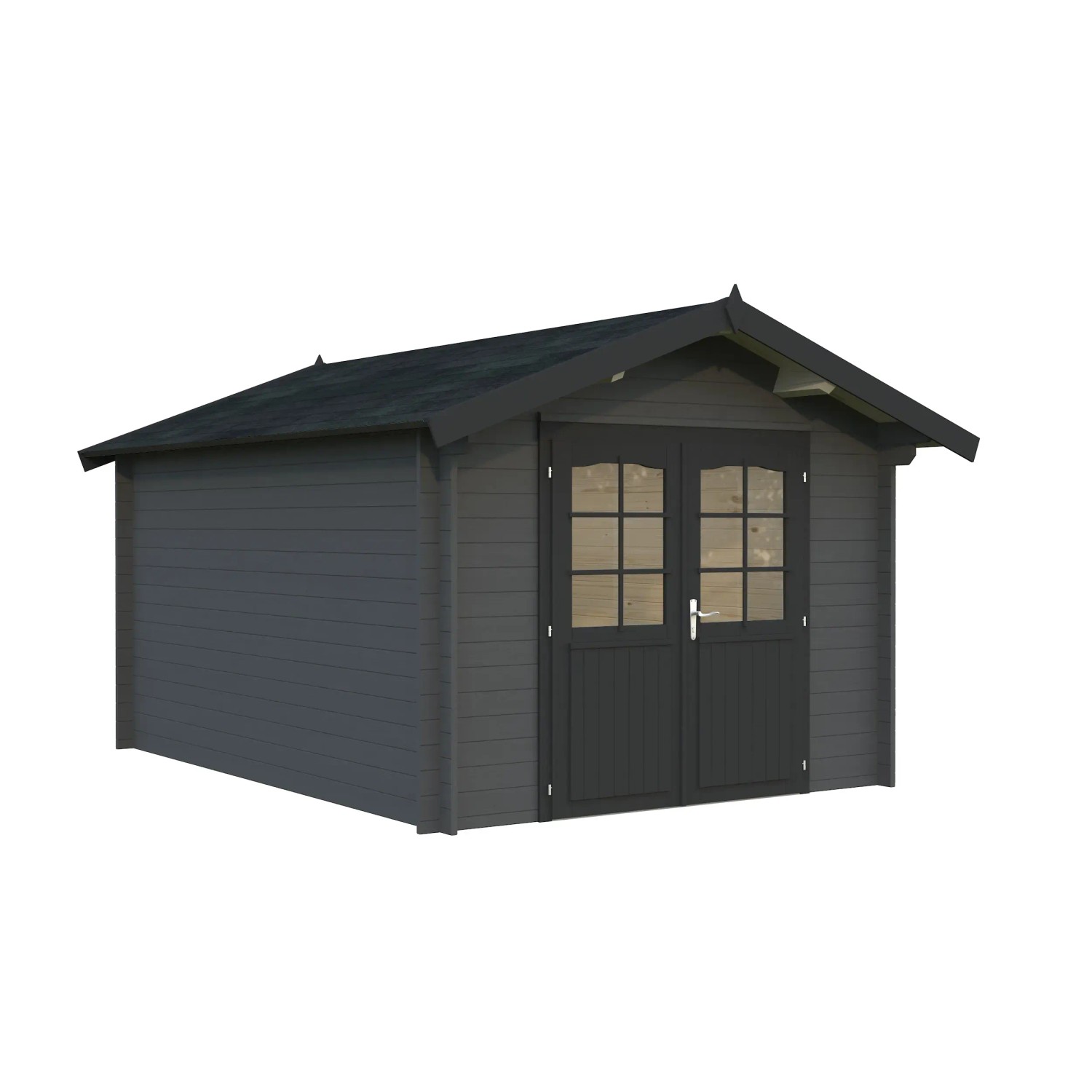 Palmako Gartenhaus Lotta, 275x380 cm, grau-anthrazit, mit Doppeltür und Lichtausschnitt.