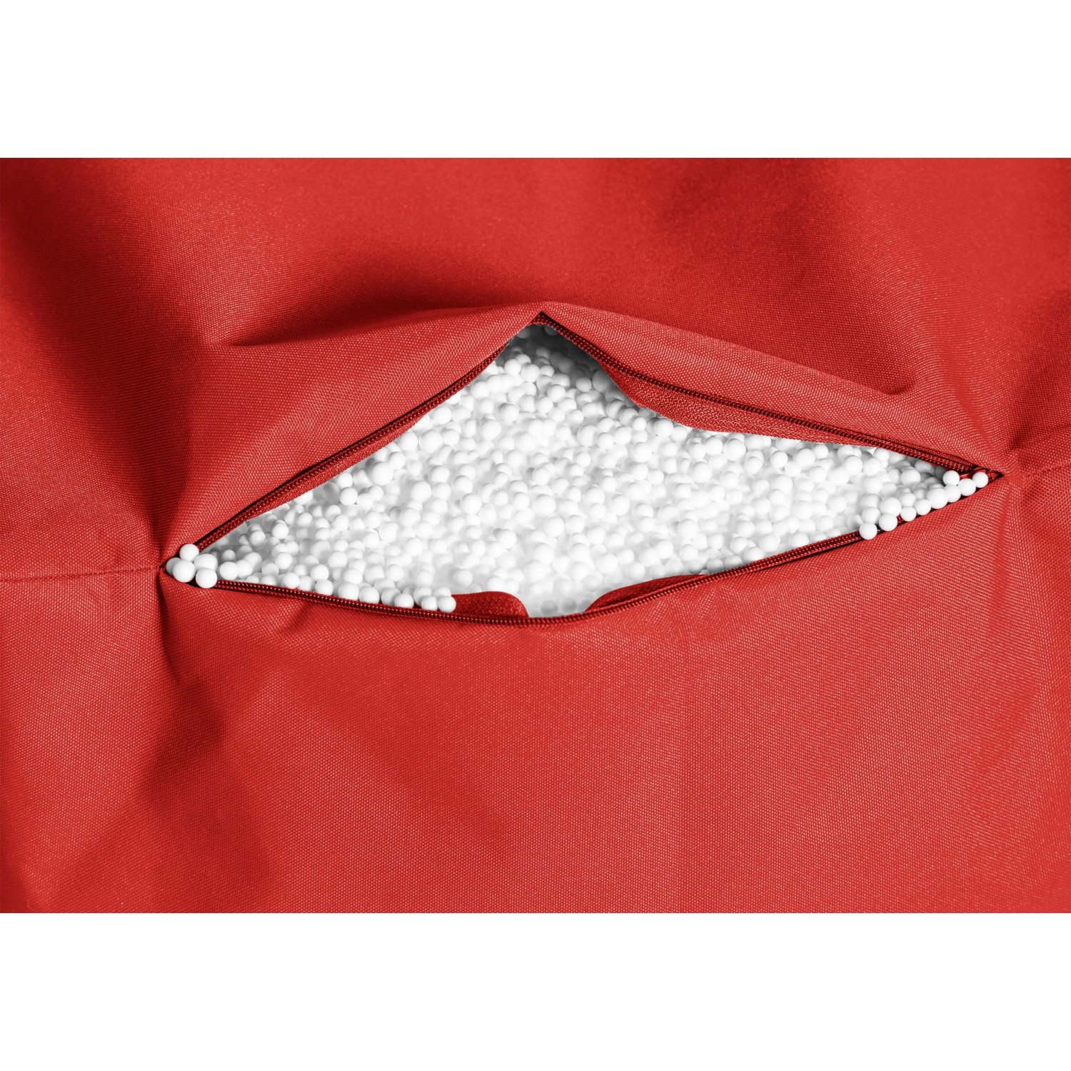 Detailansicht: Roter Sitting Point Sitzsack Big Bag mit EPS-Perlen Füllung.