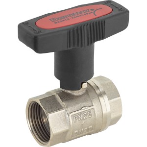 ISO Kugelhahn 30,3 mm (Rp 1) aus Messing mit verlängertem, schwarzem Griff und roter Markierung.