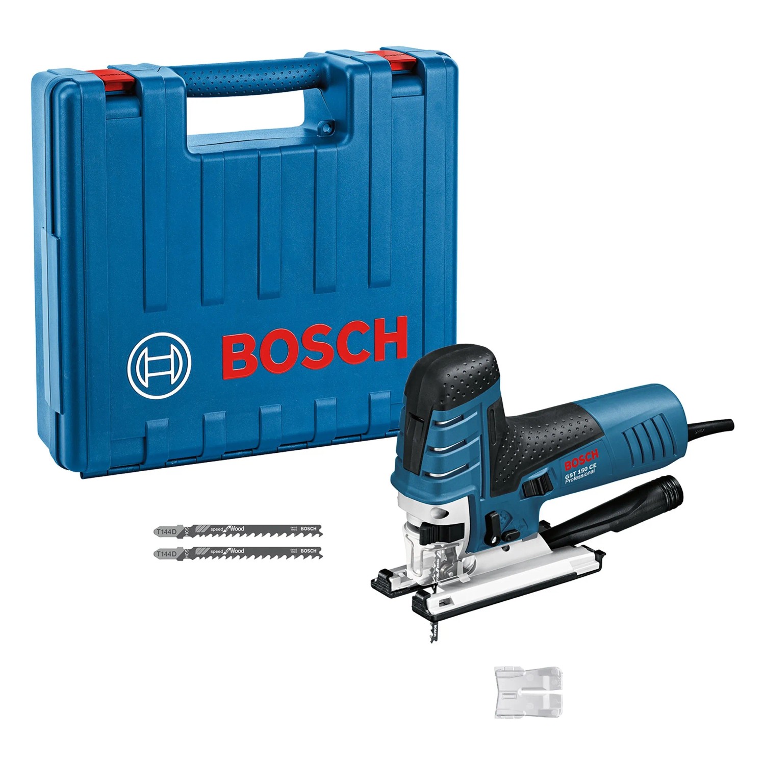 Bosch Professional Stichsäge GST 150 CE 780 W, blau, mit Koffer und Sägeblättern für präzise Schnitte.
